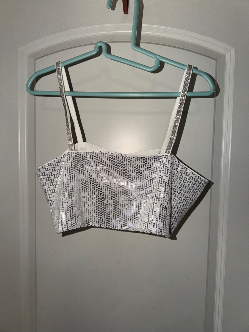 SHEIN White Sequin Cropped Tank with Sparkle Straps